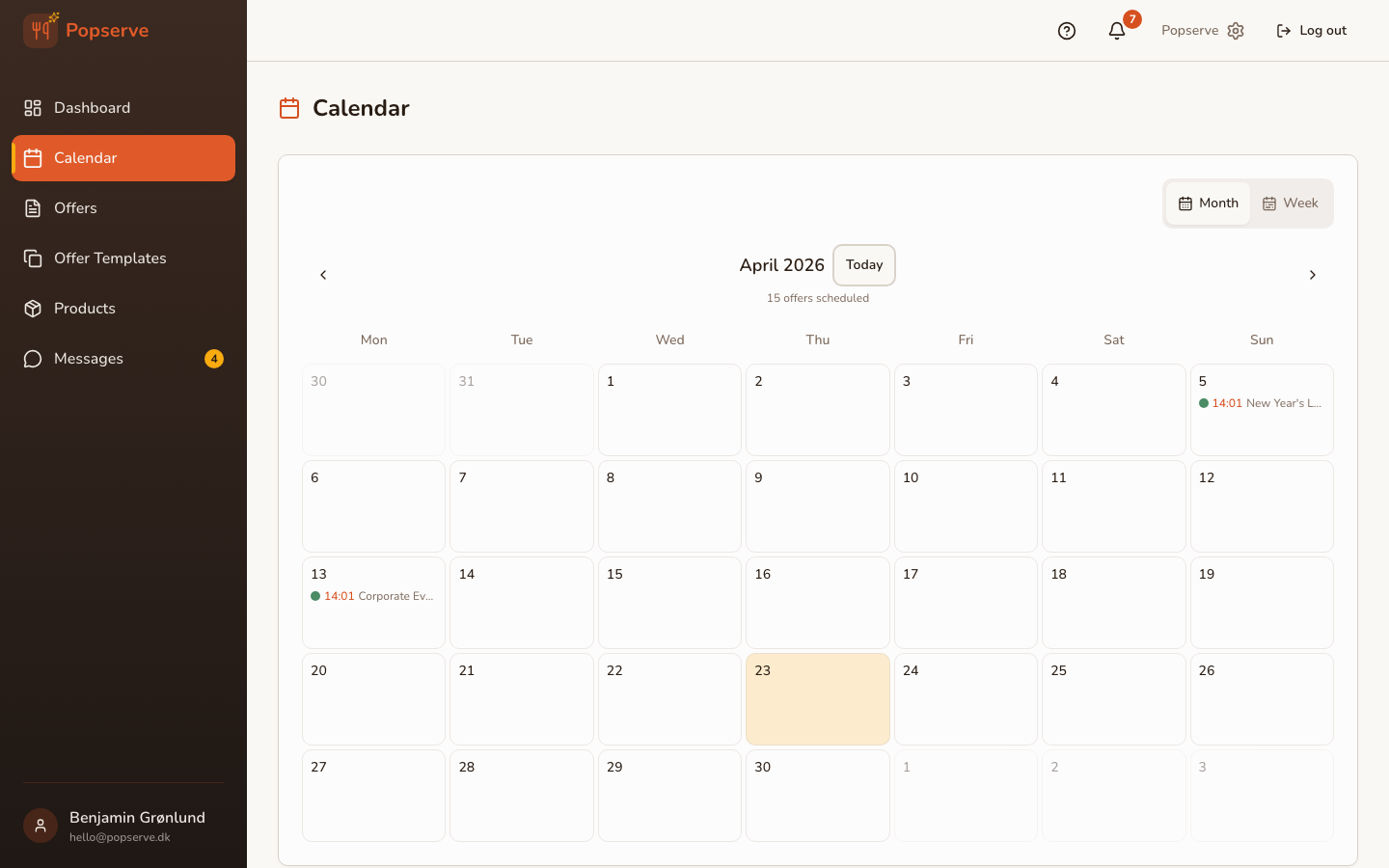 Calendar view with upcoming bookings